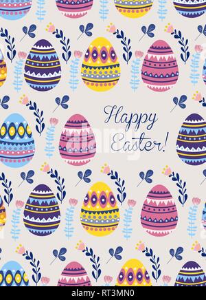 Happy Easter. Templates for cards and flyers with cartoon flat cute easter eggs pattern. Vector illustration Stock Vector