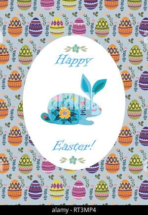 Happy Easter. Templates for cards and flyers with cartoon flat cute easter eggs pattern and rabbit. Vector illustration Stock Vector