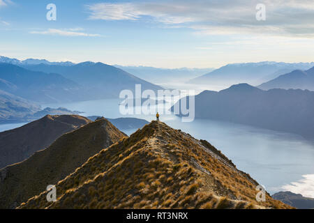 Man in a yellow jacket standing on top of a peak and contemplating the valley below. (Roys peak Wanaka) Stock Photo