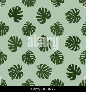 Monstera deliciosa leaves on pastel green background seamless vector pattern Stock Vector