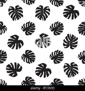 Monstera deliciosa leaves silhouette seamless vector pattern background Stock Vector