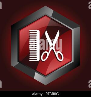 Hexagonal glossy dark red and black web haircut salon icon, vector illustration in eps 10 Stock Vector
