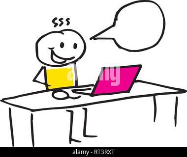 Stick figure character is working hard on his laptop. Stock Vector
