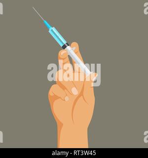 Drug addiction concept, hand with syringe, heroin dependence, illegal injection, vector illustration. Stock Vector