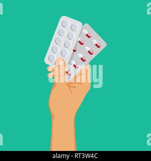 Medical drugs addiction, hand holding blisters with pills, antidepressant dependence, vector illustration. Stock Vector