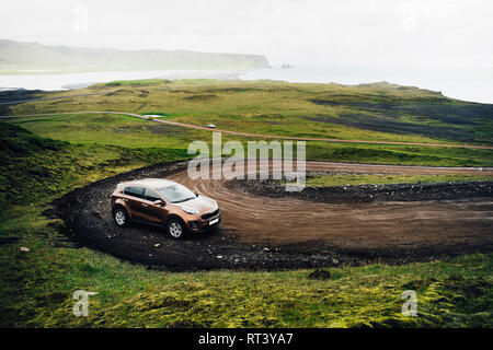 SUV car. Travel concept with big 4x4 sport and modern car in mountains. Iceland.  Stock Photo