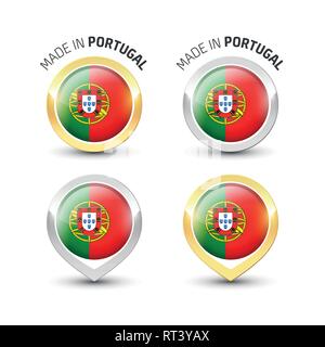 Made in Portugal - Guarantee label with a portuguese flag inside round gold and silver icons. Stock Vector