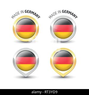 Made in Germany - Guarantee label with the German flag inside round gold and silver icons. Stock Vector