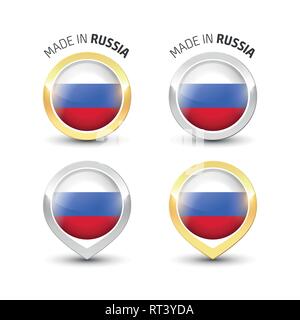 Made in Russia - Guarantee label with the Russian flag inside round gold and silver icons. Stock Vector