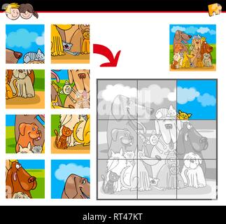 Cartoon Illustration of Educational Jigsaw Puzzle Game for Children with Happy Cats and Dogs Animal Characters Stock Vector