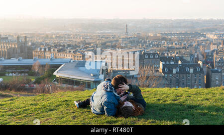 Edinburgh, Scotland, UK. 26 February, 2019. Tourists enjoy view of Leith from Calton Hill in Edinburgh after a clear day , Edinburgh, Scotland, UK Stock Photo