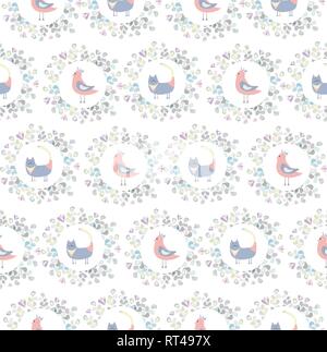 seamless pattern of cats, birds, leaves and hearts, colored hearts Stock Vector