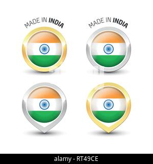 Made in India - Guarantee label with the Indian flag inside round gold and silver icons. Stock Vector