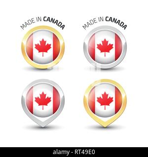 Made in Canada - Guarantee label with the Canadian flag inside round gold and silver icons. Stock Vector