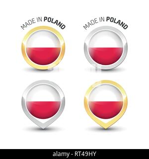 Made in Poland - Guarantee label with the Polish flag inside round gold and silver icons. Stock Vector