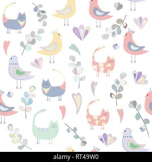 seamless pattern of cats, birds, leaves and hearts, colored hearts Stock Vector