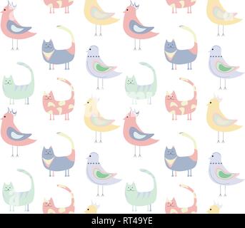 seamless pattern of cats, birds on a white background Stock Vector
