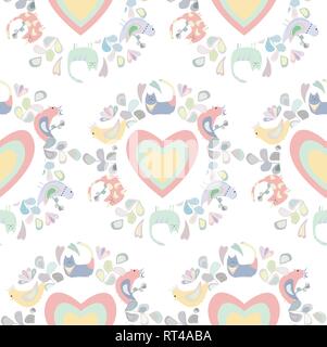 seamless pattern of cats, birds, leaves and flowers, colored hearts Stock Vector