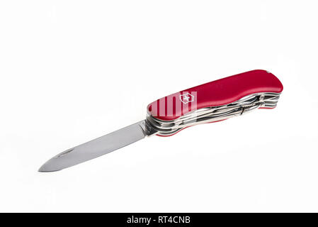 Penknife, also known as swiss army knife, pocket multi tool. Stock Photo