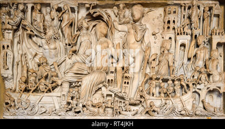 Roman Tomb or Sarcophagus (250-260AD) with Scenes of Port Town and Roman Ships & the Deceased in Centre, in Octagonal Courtyard, Vatican Museums Stock Photo