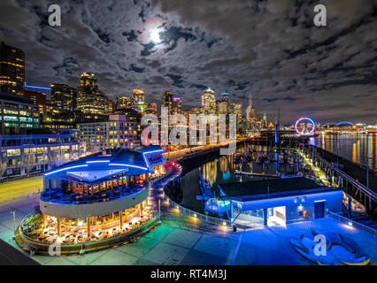 Over looking the Bell Harbor Marina and Seattle skyline from the Bell Harbor International Conference Center at Pier 66. Stock Photo