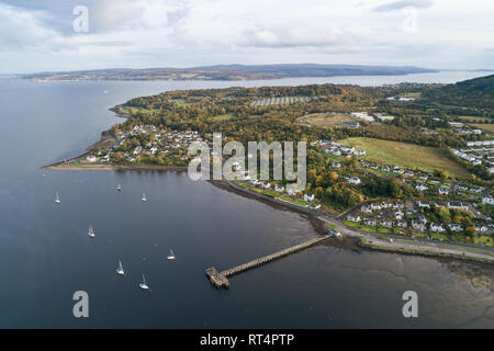 Aerial image looking south across the First of Clyde towards Gourock and Greenock from Dunoon. Stock Photo