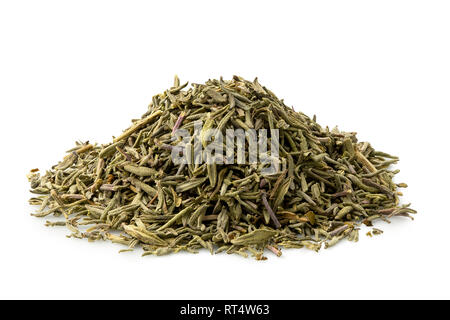 A pile of dried rubbed thyme isolated on white. Stock Photo