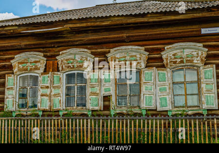 A sample of wooden architecture in the Baikal village. Wood construction. Stock Photo