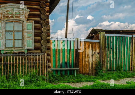 A sample of wooden architecture in the Baikal village. Wood construction. Stock Photo