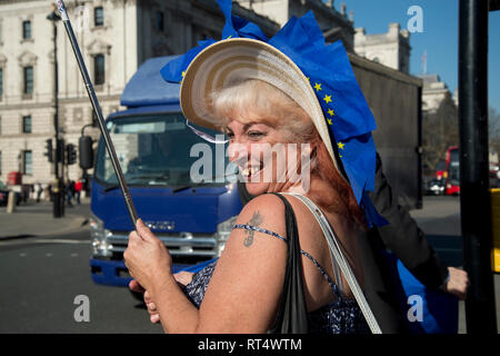 Westminster, February 26th 2019. A Remain protester wears a sunhat decorated with European flags. Stock Photo