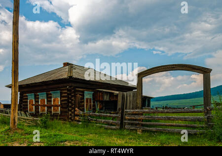 A sample of wooden architecture in the Baikal village. Wood construction. Stock Photo