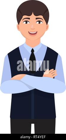 Self confident man, the guy put his hand on his hand, a handsome man smiling at the camera, cartoon style character Stock Vector