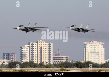 A pair of F-14A Tomcat make a low passage along the runway during the Iran Airshow 2018. Stock Photo