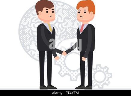 Business agreement of two businessmen, interaction of the brain and mechanism, teamwork, finds a solution through joint work, characters in a flat sty Stock Vector