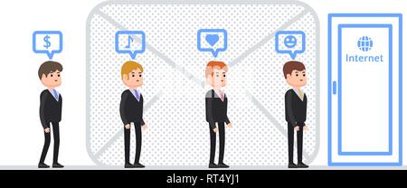 Business people stand in line to enter the door with the inscription Internet and ask their questions, people receive and send letters on various topi Stock Vector