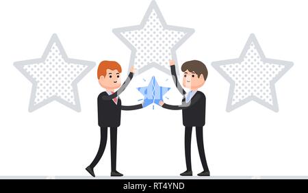 Two businessman holding a star, a favorite in business, the rating of the work done, small characters in cartoon style Stock Vector