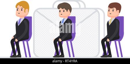 Businessmen sit in a chair and wait for their turn, job interview, small characters in cartoon style Stock Vector