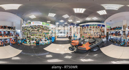 360 degree panoramic view of MINSK, BELARUS - APRIL, 2017: full seamless spherical panorama 360 angle degrees view in interior luxury vacuum cleaner store and garden accessories i