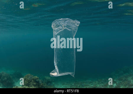 A discarded plastic bag drifts underwater amid the islands of Raja Ampat, Indonesia. Stock Photo