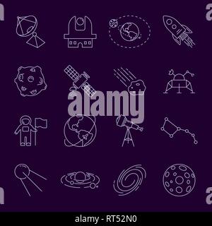 Set of Thin LineVector Astronomy and Space Icons. Spaceman, astronaut, solar system, galaxy, planet, earth, satellite, shuttle, rocket, orbit, asteroi Stock Vector