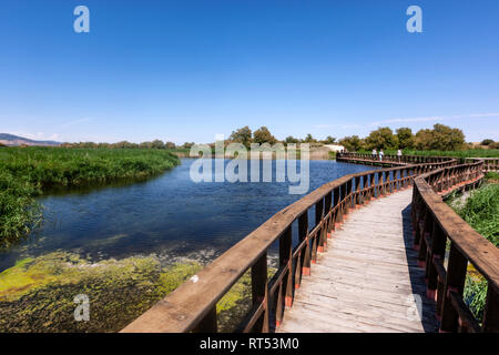 Boardwalk wooden bridge for visitors to see Tablas de Daimiel National Park, La Mancha plain, province of Ciudad Real, Spain Stock Photo