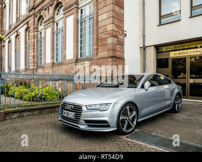 STRASBOURG, FRANCE - OCT 1, 2017: Luxury Audi A8 car parked in front of the apartment building near the City Hall of Strasbourg Stock Photo