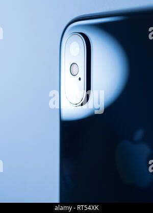 PARIS, FRANCE - NOV 5, 2017: Rear view of the new Apple iPhone X 10 ...