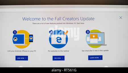 PARIS, FRANCE - OCR 31, 2017: Welcome screen with the buttons of the Fall Creators Update of the Microsoft Windows 10 OS Stock Photo