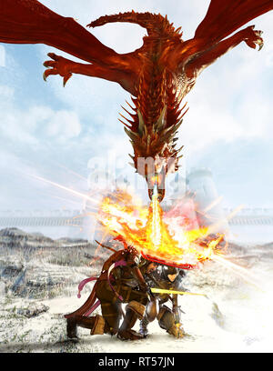 Dragon blowing flames over knights in the snow. Stock Photo