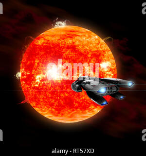 An ion drive powered exploration spaceship approaches a violent, new red star. Stock Photo