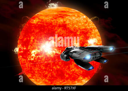 An ion drive powered exploration spaceship approaches a violent, new red star. Stock Photo