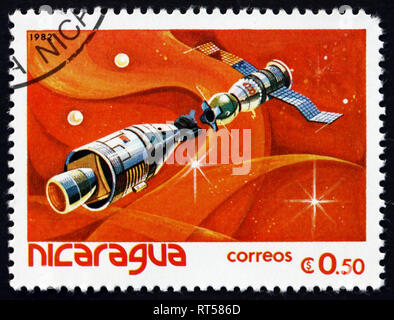 NICARAGUA - CIRCA 1982: a stamp printed in Nicaragua shows Apollo-Soyuz mission, the first joint U. S. and Soviet space flight, circa 1982 Stock Photo