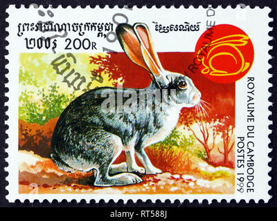 CAMBODIA - CIRCA 1999: a stamp printed in Cambodia shows Rabbit, New Year 1999 (Year of the Rabbit), circa 1999 Stock Photo