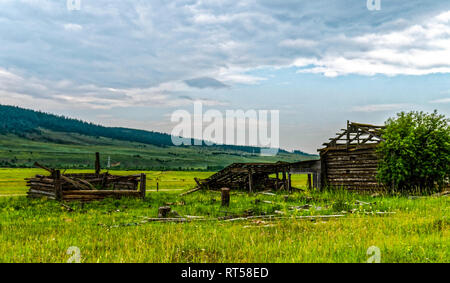 A sample of wooden architecture in the Baikal village. Wood construction. Stock Photo